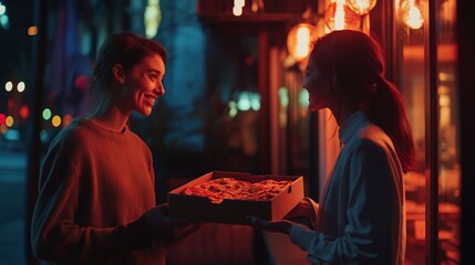 Fototapeta premium courier handing over a pizza box to a customer with a smile