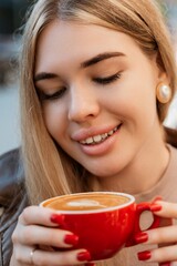 Woman Coffee Red Cup Enjoying Cafe Latte Outdoor