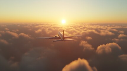 Naklejka premium courier jet flying over the clouds, carrying cargo in its hold, with the sun rising on the horizon,
