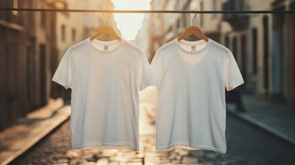 Two blank white t-shirts hanging on a clothesline in a narrow alleyway.