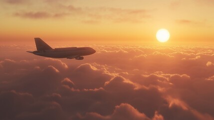 courier jet flying over the clouds, carrying cargo in its hold, with the sun rising on the horizon,