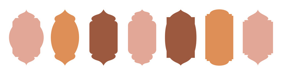 Set of oriental style Islamic windows and arches with modern boho design. Design elements for greeting cards, invitations, banners, posters. Vector illustration