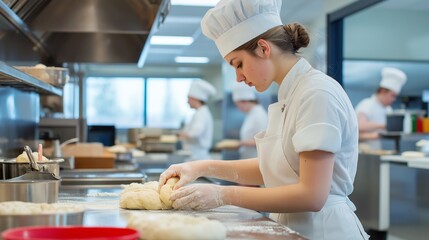 culinary student kneading dough in a brightly lit, modern kitchen classroom