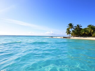 Fototapeta premium A vibrant beach scene with crystal clear blue water, golden sand, and palm trees swaying in the breeze, tranquil, idyllic