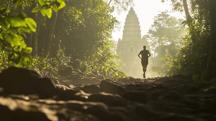 Running Through Adventure: Runner Conquering Rugged Terrain with Silhouette of Grand Temple in Background