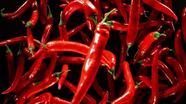 Super Slow Motion of Flying and Rotating Chilli Peppers. Black Background. Filmed on High Speed Cinema Camera, 1000 fps, Placed on High Speed Cine Bot.