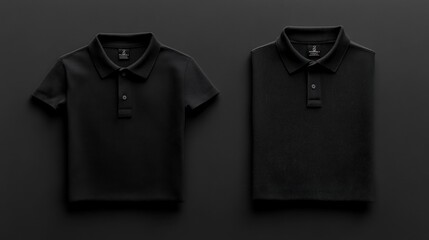 Two black polo shirts are displayed on a dark background, showcasing their textured fabric and buttons, This image is ideal for fashion retailers, clothing ads, and e-commerce platforms,