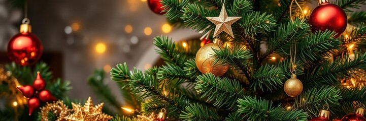Fototapeta premium Christmas tree background with colorful ornaments and twinkling lights, holiday, winter, shiny