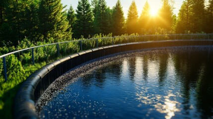 A water treatment clarifier in a forested setting, highlighting sustainable water management practices and the importance of clean water for the environment.