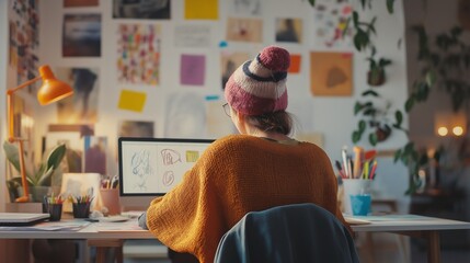 graphic designer working on a digital tablet in a bright, creative studio