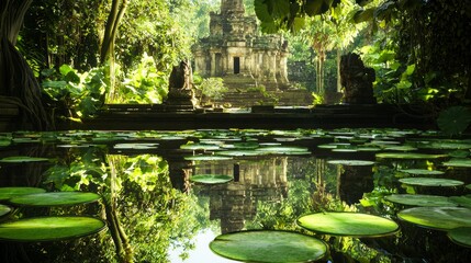 Fototapeta premium Tranquil Jungle Pond with Lily Pads Reflecting Ancient Temple - Peaceful Coexistence of Nature and History