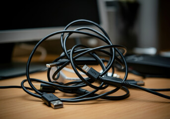 Tangled USB cables on a desk, creating a cluttered workspace during late afternoon