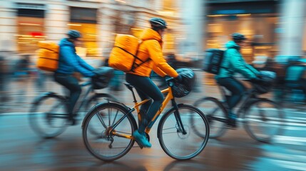 cyclists wearing bright delivery gear, pedaling swiftly through a vibrant city street