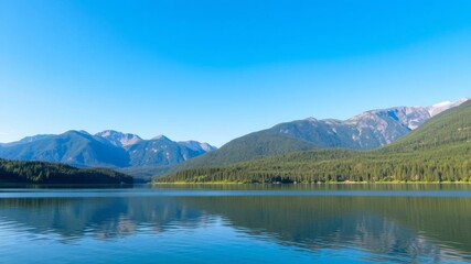 Fototapeta premium A serene lake surrounded by lush greenery under a clear blue sky, scenic, beauty