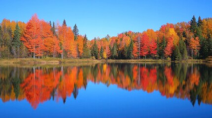 Vibrant autumn foliage reflected in a still lake, creating a symmetrical, colorful landscape.