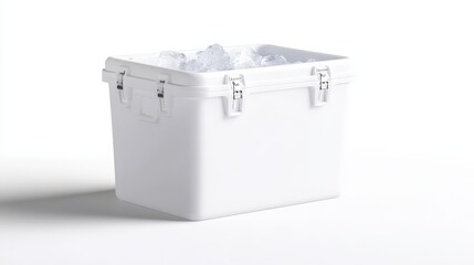 White foam plastic cooler box with ice perfect for keeping drinks and food cold on the go.  Great for picnics, camping, and parties.