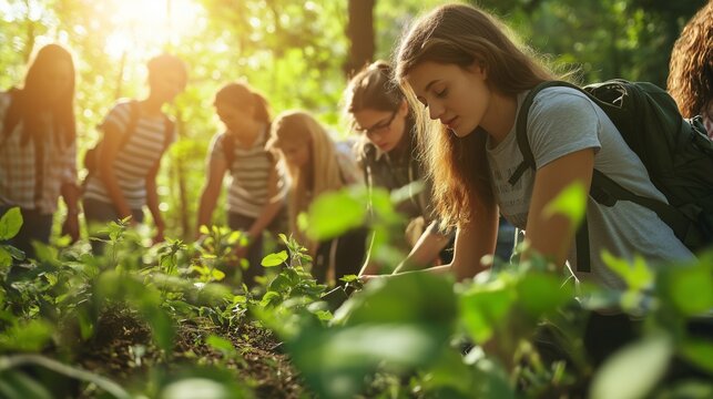 group of students engaged in an outdoor botany class, examining plant samples