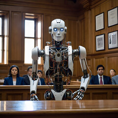 Naklejka premium Humanoid Robot Taking Notes in a Courtroom Setting During a Legal Proceeding