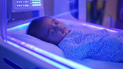 Newborn undergoing phototherapy for jaundice sleeps peacefully in neonatal intensive care unit