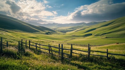 A serene landscape featuring rolling green hills, a wooden fence, and a cloudy sky.