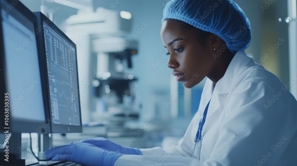 Poster research scientist analyzes data using advanced technology in a laboratory setting