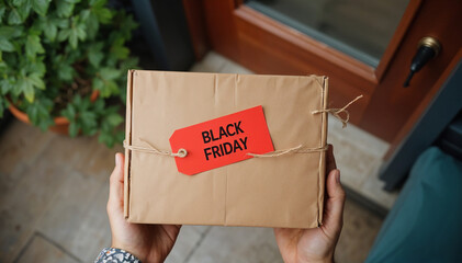 An eagerly awaited Black Friday box is delivered to the doorstep, ready to be unwrapped.