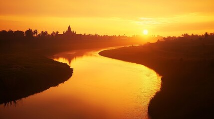 Fototapeta premium Serene Sunset at Ancient Temple: Majestic River Reflections Capturing Nature's Timeless Beauty