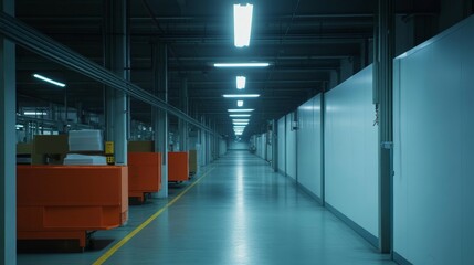 Fototapeta premium A long, narrow industrial corridor with fluorescent lighting, white walls and a concrete floor. The corridor is lined with orange carts. The image symbolizes efficiency, production, and industrial des