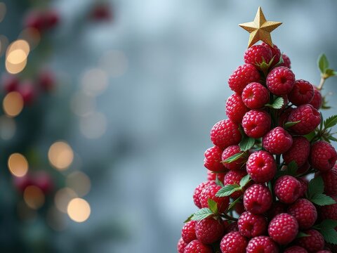 Christmas tree made of raspberry on bokeh background
