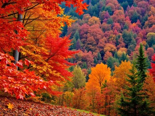 A colorful arrangement of fallen leaves in shades of orange, red, and yellow on a rustic wooden background, representing the beauty of autumn, October, environment
