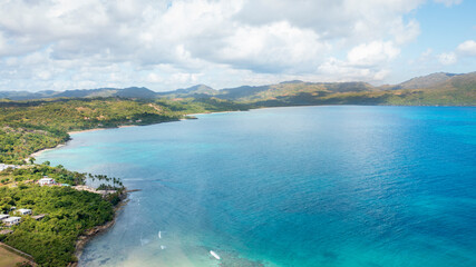 Aerial shot of amazing tropical panorama of Rincon bay.Samana peninsula,beautiful Rincon beach,Dominican Republic.