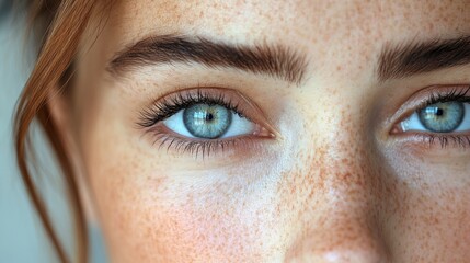 Fototapeta premium A young woman gazes directly at the viewer, displaying her captivating blue eyes and scattered freckles, highlighting her natural beauty in a softly lit indoor setting.