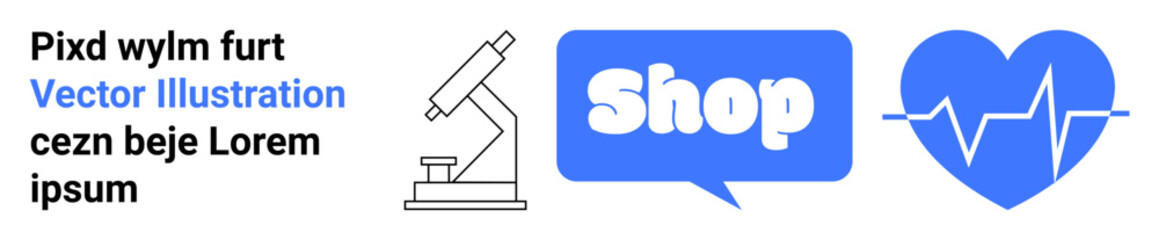 Microscope icon alongside a stylized chat bubble with the word Shop inside, followed by a heart with an ECG line. Ideal for healthcare, medical research, e-commerce, technology, wellness, and fitness