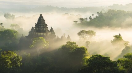 Mystical Dawn in Foggy Jungle: Unveiling an Ancient Temple in the Misty Veil of Discovery and Exploration