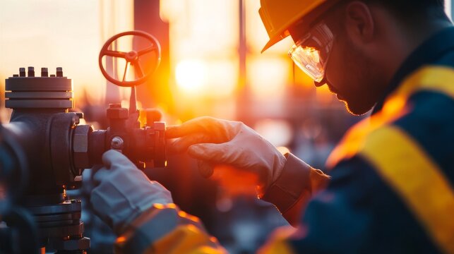 Industrial worker inspecting a valve during a routine maintenance check at an oil and gas facility during a sunset. The worker wears protective gear and is focused on his task.