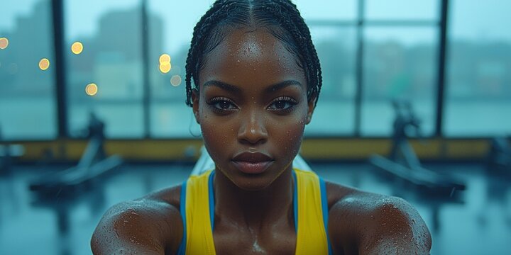 African American woman short hair exudes focus and determination while rowing machine gym. Large windows reveal vibrant city illuminated evening lights.