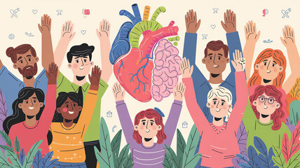 World Stroke Day conceptual poster. Illustration with people, heart and brain intertwined symbolizing Stroke awareness, generative AI