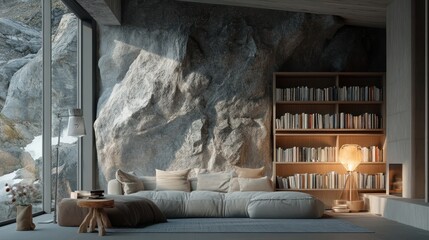 Modern living room with a large window overlooking a rocky mountainside.  A cozy couch, a bookshelf, and a lamp complete the room.