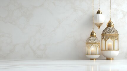 Elegant and luxurious Arabian background featuring three ornate lanterns hanging against a white marble wall, symbolizing tradition, culture, beauty, spirituality, and festivity.
