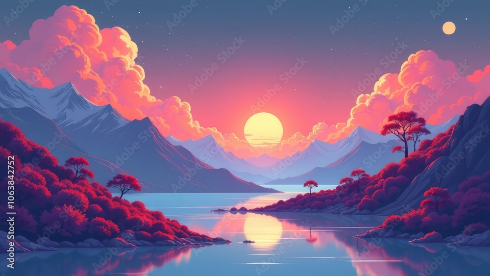 Poster a beautiful landscape with a large mountain range and a small lake