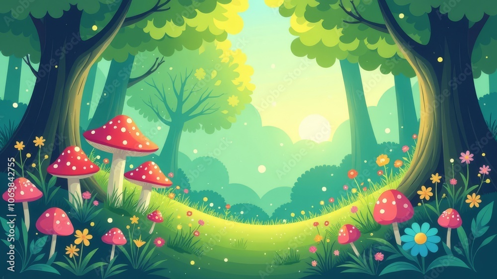 Poster a forest scene with a path and a bunch of mushrooms
