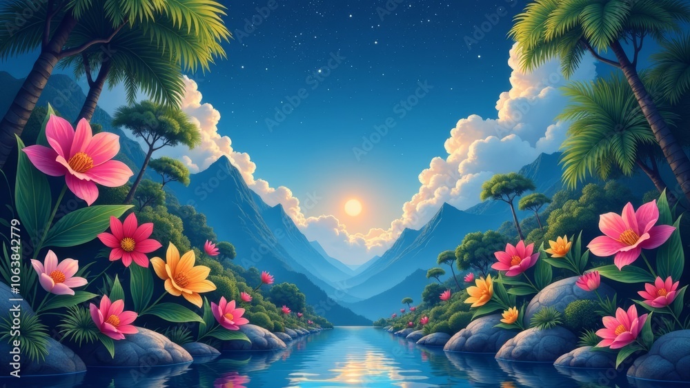 Poster a beautiful landscape with a river and mountains in the background