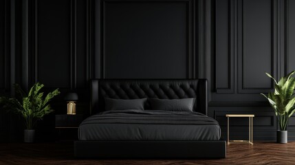 A luxurious and elegant bedroom with a black leather headboard, black and gold bedding, and a black and gold side table. This bedroom is perfect for a modern and stylish home.