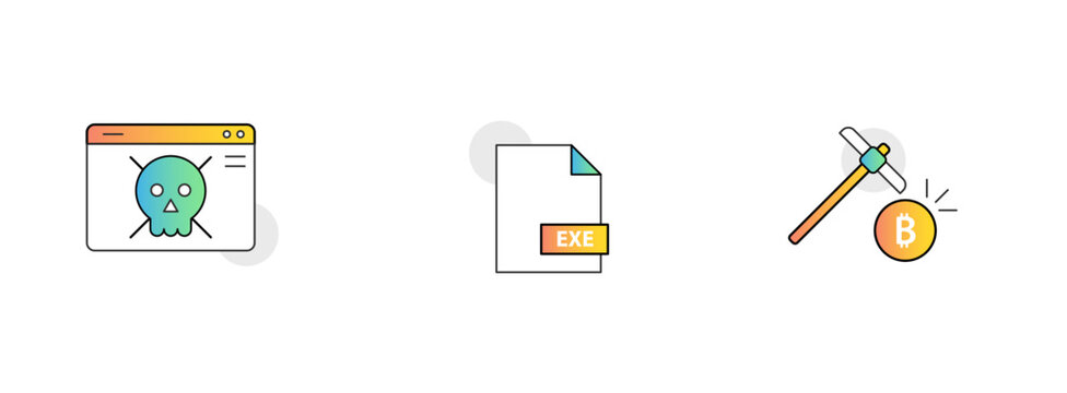 Malicious Content. Icons Included: Malicious Website, Executable File, Bitcoin Mining