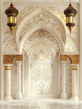 A grand Islamic archway with ornate details, adorned with golden lanterns. The archway symbolizes faith, tradition, and beauty, creating a stunning backdrop for a variety of purposes.