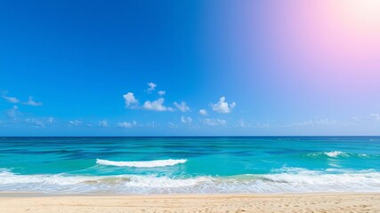 Fototapeta premium A vibrant beach scene with colorful umbrellas, lounge chairs, and clear blue water, waves, paradise