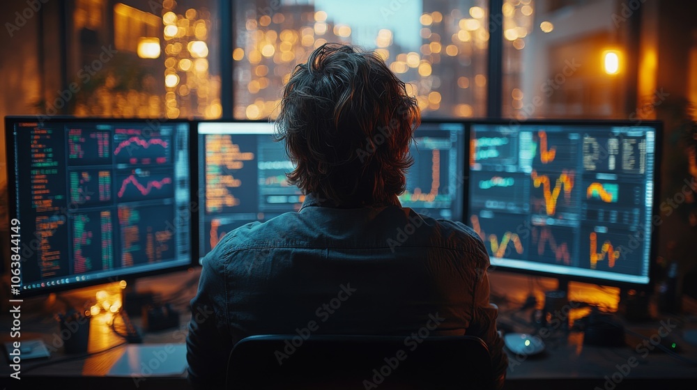 Aufkleber In a modern office at dusk, an individual focuses intently on multiple computer screens filled with financial graphs, insights, and data, highlighting analysis amid city lights.