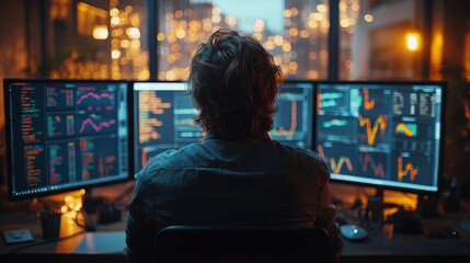 In a modern office at dusk, an individual focuses intently on multiple computer screens filled with financial graphs, insights, and data, highlighting analysis amid city lights.