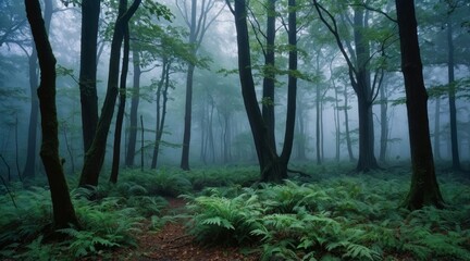 Obraz premium A mystical autumn forest shrouded in morning fog