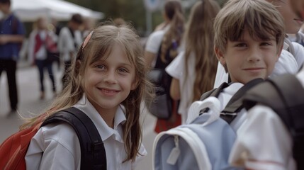 Smiling schoolchildren with backpacks stand outdoors, ready for a day full of learning and adventures. They're surrounded by a bustling crowd.